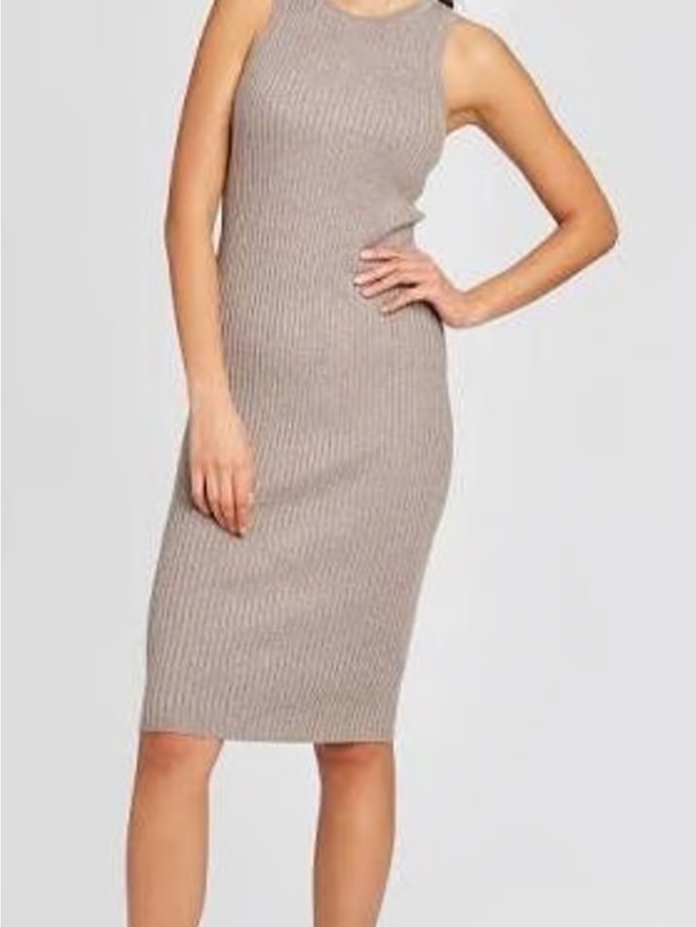 Prologue Ribbed Sleeveless Midi Dress in Taupe Beige
